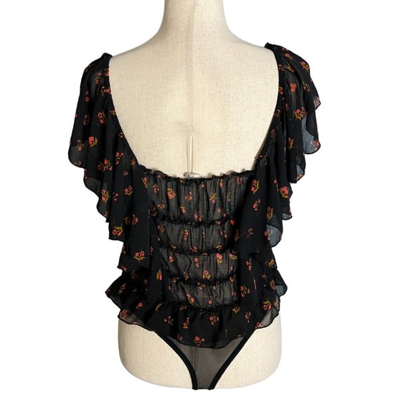 Intimately Free People Black Sheer Floral Ruffle Square Neck Bodysuit Sz Large - Picture 4 of 6